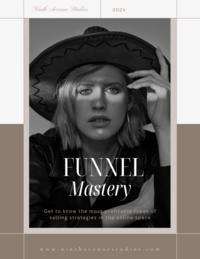 Black-and-white image of a person wearing a hat, with text: "Funnel Mastery. Get to know the most profitable types of selling strategies in the online space. Niethaven Studios 2024 www.niethavenstudios.com.